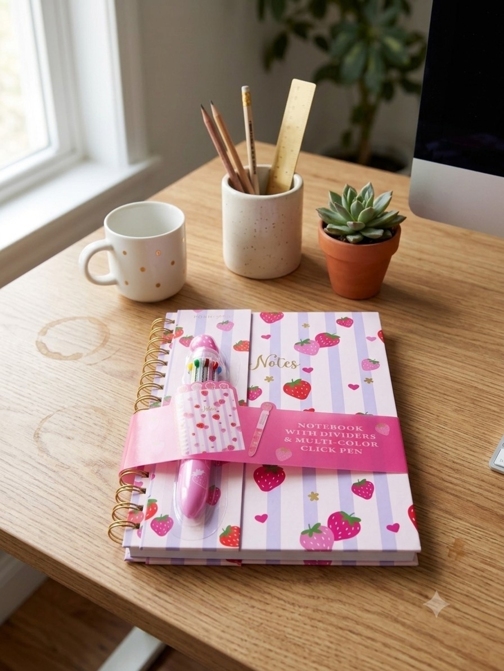 Pink Strawberry Pattern Spiral Notebook with Multi-Color Click Pen